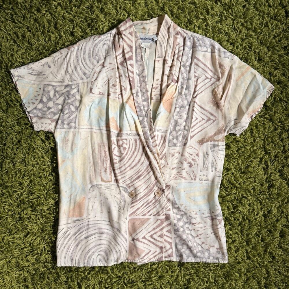 Vintage 70s Rayon Print Blouse | Neutral Abstract Shawl Collar | Size L